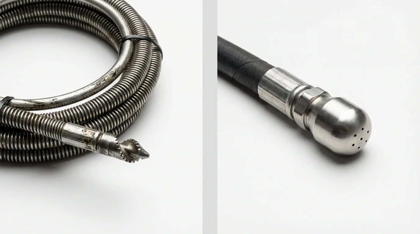 Drain snake cable and hydro jetting nozzle used for drain cleaning in Dayton, OR