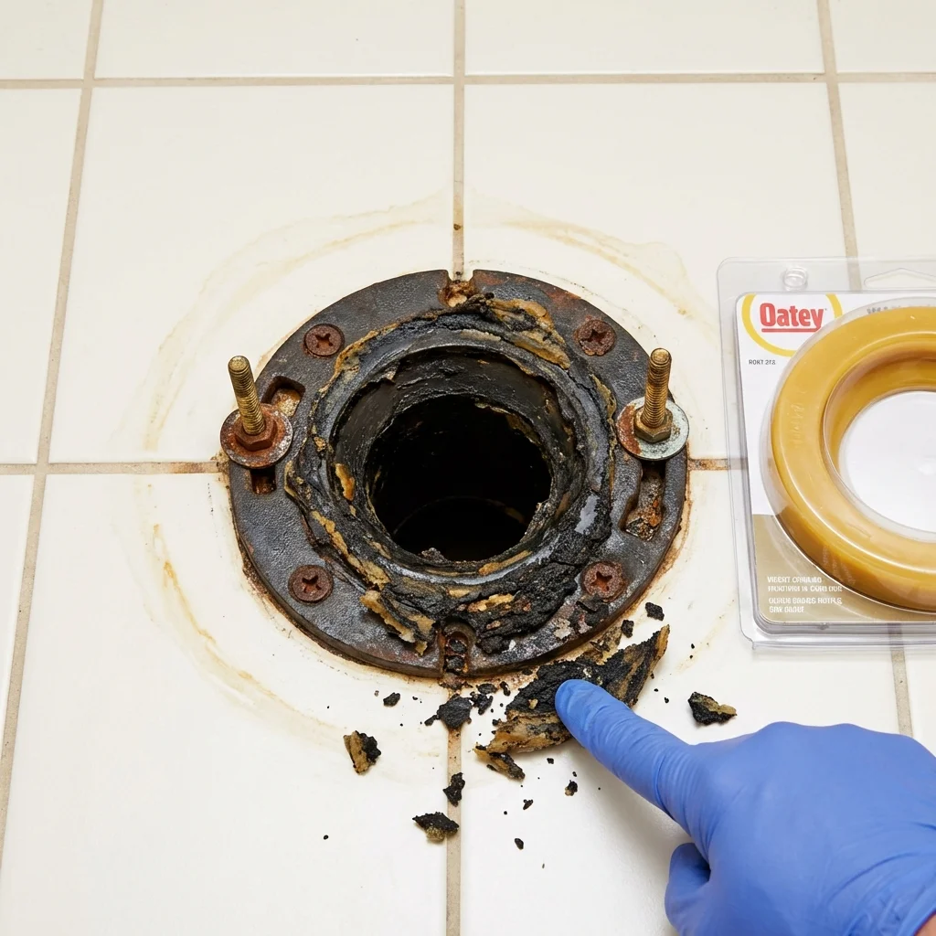 Failed wax ring showing water seepage at the base of a toilet in a Dayton, OR home