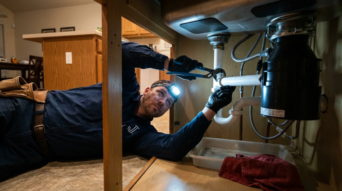 P-trap and supply line connections under a kitchen sink showing a common leak point in Dayton, OR